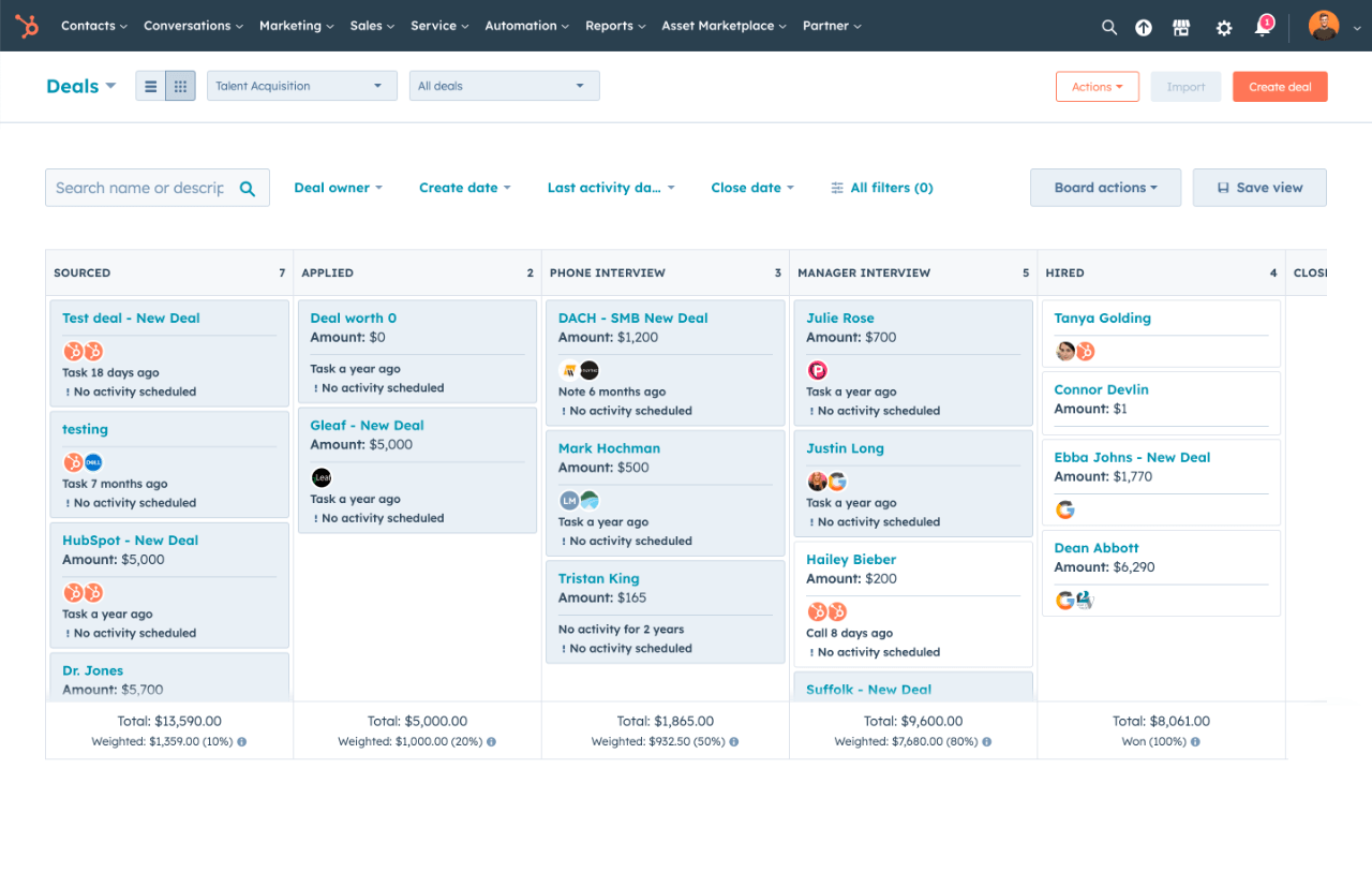 HubSpot’s example deals board, showing records grouped into pipeline stages